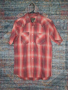 High Noon mens red an gray plaid western Cowboy shirt M EUC